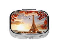 Pill Box 2 Compartment Medicine Pill Case with Mirror,Portable Pill Box for Pocket Or Purse Pill Box Decorative Unique Gift-Eiffel Tower with Red Leaves in Paris