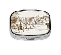 Pill Box 2 Compartment Medicine Pill Case with Mirror,Portable Pill Box for Pocket Or Purse Pill Box Decorative Unique Gift-Western Desert Cowboys