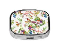 Pill Box 2 Compartment Medicine Pill Case with Mirror,Portable Pill Box for Pocket Or Purse Pill Box Decorative Unique Gift-Wild Exotic Birds and Flowers