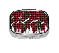 Pill Box 2 Compartment Medicine Pill Case with Mirror,Portable Pill Box for Pocket Or Purse Pill Box Decorative Unique Gift-Christmas Tree Buffalo Plaid