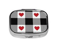 Pill Box 2 Compartment Medicine Pill Case with Mirror,Portable Pill Box for Pocket Or Purse Pill Box Decorative Unique Gift-Heart Black Buffalo Plaid Gingham