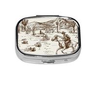 Pill Box 2 Compartment Medicine Pill Case with Mirror,Portable Pill Box for Pocket Or Purse Pill Box Decorative Unique Gift-Western Desert Cowboys3