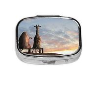 Pill Box 2 Compartment Medicine Pill Case with Mirror,Portable Pill Box for Pocket Or Purse Pill Box Decorative Unique Gift-Elephant Giraffe On A Mountain Top Sunset
