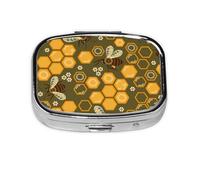Pill Box 2 Compartment Medicine Pill Case with Mirror,Portable Pill Box for Pocket Or Purse Pill Box Decorative Unique Gift-Bees and Honeycombs