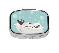 Pill Box 2 Compartment Medicine Pill Case with Mirror,Portable Pill Box for Pocket Or Purse Pill Box Decorative Unique Gift-French Bulldog Taking A Bath
