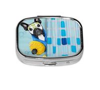 Pill Box 2 Compartment Medicine Pill Case with Mirror,Portable Pill Box for Pocket Or Purse Pill Box Decorative Unique Gift-French Bulldog Dog in A Bathtub