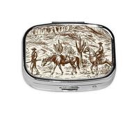 Pill Box 2 Compartment Medicine Pill Case with Mirror,Portable Pill Box for Pocket Or Purse Pill Box Decorative Unique Gift-Western Desert Cowboys2