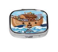 Pill Box 2 Compartment Medicine Pill Case with Mirror,Portable Pill Box for Pocket Or Purse Pill Box Decorative Unique Gift-Animals On Noah's Ark
