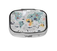 Pill Box 2 Compartment Medicine Pill Case with Mirror,Portable Pill Box for Pocket Or Purse Pill Box Decorative Unique Gift-The World Map with Cartoon Animals
