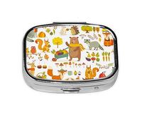Pill Box 2 Compartment Medicine Pill Case with Mirror,Portable Pill Box for Pocket Or Purse Pill Box Decorative Unique Gift-Autumn Forest Animals