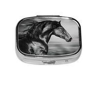 Pill Box 2 Compartment Medicine Pill Case with Mirror,Portable Pill Box for Pocket Or Purse Pill Box Decorative Unique Gift-Running Horse Black and White