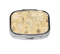Pill Box 2 Compartment Medicine Pill Case with Mirror,Portable Pill Box for Pocket Or Purse Pill Box Decorative Unique Gift-World Map