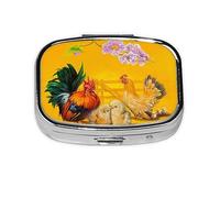 Pill Box 2 Compartment Medicine Pill Case with Mirror,Portable Pill Box for Pocket Or Purse Pill Box Decorative Unique Gift-The Chicken Family Rooster Hen and Chicks