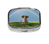 Pill Box 2 Compartment Medicine Pill Case with Mirror,Portable Pill Box for Pocket Or Purse Pill Box Decorative Unique Gift-Elephant Dog Sitting Under The Rainbow