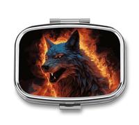 Pill Box 2 Compartment Medicine Pill Case Wolf Surrounded by Fire Printed Portable Pill Box Travel Pill Organizer for Pocket Purse Daily Medicine Vitamin Box Fish Oil Box Supplement Box