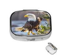 Pill Box 2 Compartment Medicine Pills Case for Pocket or Purse Mini Metal Pills Holder American Bald Eagle Pill Organizer Portable Travel Medicine Container to Hold Supplements Vitamins