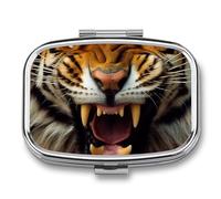 Pill Box 2 Compartment Medicine Pills Case for Pocket Or Purse Mini Metal Pills Holder Angry Tiger Pill Organizer Portable Travel Medicine Container to Hold Supplements Vitamins
