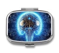 Pill Box 2 Compartment Medicine Pills Case for Pocket Or Purse Mini Metal Pills Holder Artificial Intelligence Brain Pill Organizer Portable Travel Medicine Container to Hold Supplements Vitamins
