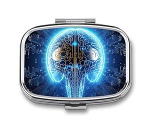 Pill Box 2 Compartment Medicine Pills Case for Pocket Or Purse Mini Metal Pills Holder Artificial Intelligence Brain Pill Organizer Portable Travel Medicine Container to Hold Supplements Vitamins