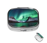 Pill Box 2 Compartment Medicine Pills Case for Pocket or Purse Mini Metal Pills Holder Aurora Borealis Pill Organizer Portable Travel Medicine Container to Hold Supplements Vitamins