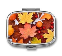 Pill Box 2 Compartment Medicine Pills Case for Pocket Or Purse Mini Metal Pills Holder Autumn Maple Leaves Pill Organizer Portable Travel Medicine Container to Hold Supplements Vitamins