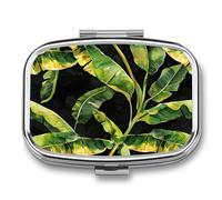 Pill Box 2 Compartment Medicine Pills Case for Pocket Or Purse Mini Metal Pills Holder Banana Leaf Pattern Pill Organizer Portable Travel Medicine Container to Hold Supplements Vitamins