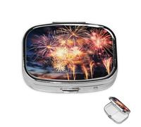 Pill Box 2 Compartment Medicine Pills Case for Pocket or Purse Mini Metal Pills Holder Beautiful Fireworks Pill Organizer Portable Travel Medicine Container to Hold Supplements Vitamins