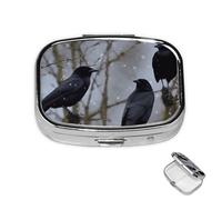 Pill Box 2 Compartment Medicine Pills Case for Pocket or Purse Mini Metal Pills Holder Black Crow Birds Pill Organizer Portable Travel Medicine Container to Hold Supplements Vitamins