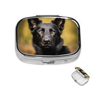 Pill Box 2 Compartment Medicine Pills Case for Pocket or Purse Mini Metal Pills Holder Black German Shepherd Dog Pill Organizer Portable Travel Medicine Container to Hold Supplements Vitamins