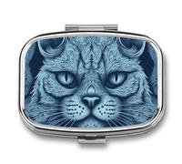 Pill Box 2 Compartment Medicine Pills Case for Pocket Or Purse Mini Metal Pills Holder Blue Cat Head Pattern Pill Organizer Portable Travel Medicine Container to Hold Supplements Vitamins