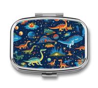 Pill Box 2 Compartment Medicine Pills Case for Pocket Or Purse Mini Metal Pills Holder Blue Dinosaur Space Pattern Pill Organizer Portable Travel Medicine Container to Hold Supplements Vitamins