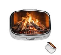 Pill Box 2 Compartment Medicine Pills Case for Pocket or Purse Mini Metal Pills Holder Burning Firewood Large Fireplace Pill Organizer Portable Travel Medicine Container to Hold Supplements Vitamins