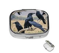 Pill Box 2 Compartment Medicine Pills Case for Pocket or Purse Mini Metal Pills Holder Crow Birds Pill Organizer Portable Travel Medicine Container to Hold Supplements Vitamins