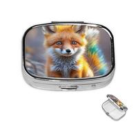 Pill Box 2 Compartment Medicine Pills Case for Pocket or Purse Mini Metal Pills Holder Cute Fox Pill Organizer Portable Travel Medicine Container to Hold Supplements Vitamins