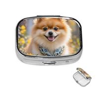 Pill Box 2 Compartment Medicine Pills Case for Pocket or Purse Mini Metal Pills Holder Cute Pomeranian Pill Organizer Portable Travel Medicine Container to Hold Supplements Vitamins