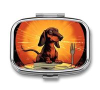 Pill Box 2 Compartment Medicine Pills Case for Pocket Or Purse Mini Metal Pills Holder Dachshund Looking at Plate Pill Organizer Portable Travel Medicine Container to Hold Supplements Vitamins