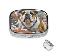 Pill Box 2 Compartment Medicine Pills Case for Pocket or Purse Mini Metal Pills Holder English-Bulldog Pill Organizer Portable Travel Medicine Container to Hold Supplements Vitamins