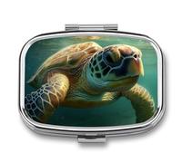 Pill Box 2 Compartment Medicine Pills Case for Pocket Or Purse Mini Metal Pills Holder Green Turtle Sea Pill Organizer Portable Travel Medicine Container to Hold Supplements Vitamins