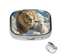 Pill Box 2 Compartment Medicine Pills Case for Pocket or Purse Mini Metal Pills Holder Lamb with A Lion Clouds Pill Organizer Portable Travel Medicine Container to Hold Supplements Vitamins