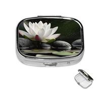 Pill Box 2 Compartment Medicine Pills Case for Pocket or Purse Mini Metal Pills Holder Lotus and Black Zen Stones Pill Organizer Portable Travel Medicine Container to Hold Supplements Vitamins