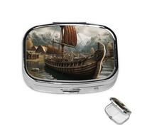 Pill Box 2 Compartment Medicine Pills Case for Pocket or Purse Mini Metal Pills Holder Old Viking Boat Pill Organizer Portable Travel Medicine Container to Hold Supplements Vitamins