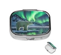 Pill Box 2 Compartment Medicine Pills Case for Pocket or Purse Mini Metal Pills Holder Polar Bears Northern Lights Pill Organizer Portable Travel Medicine Container to Hold Supplements Vitamins