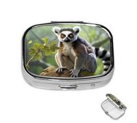 Pill Box 2 Compartment Medicine Pills Case for Pocket or Purse Mini Metal Pills Holder Ringtailed Lemur Pill Organizer Portable Travel Medicine Container to Hold Supplements Vitamins