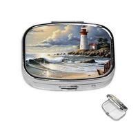 Pill Box 2 Compartment Medicine Pills Case for Pocket or Purse Mini Metal Pills Holder Sea Lighthouse Sandbeach Pill Organizer Portable Travel Medicine Container to Hold Supplements Vitamins