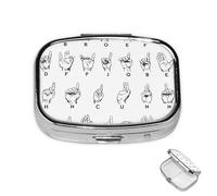 Pill Box 2 Compartment Medicine Pills Case for Pocket or Purse Mini Metal Pills Holder Sign Language Alphabet Pill Organizer Portable Travel Medicine Container to Hold Supplements Vitamins