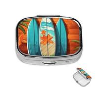 Pill Box 2 Compartment Medicine Pills Case for Pocket or Purse Mini Metal Pills Holder Surfboard on Wooden Pill Organizer Portable Travel Medicine Container to Hold Supplements Vitamins