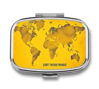 Pill Box 2 Compartment Medicine Pills Case for Pocket Or Purse Mini Metal Pills Holder Yellow World Map Pill Organizer Portable Travel Medicine Container to Hold Supplements Vitamins