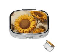 Pill Box 2 Compartment Metal Medicine Pill Organizer Bees and Sunflowers Pill Case for Purse or Pocket Cute Mini Portable Pill Holder Travel Pill Container to Hold Supplements, Vitamins, Fish Oil