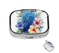 Pill Box 2 Compartment Metal Medicine Pill Organizer Blue Parrot in Flowers Pill Case for Purse or Pocket Cute Mini Portable Pill Holder Travel Pill Container to Hold Supplements, Vitamins, Fish Oil