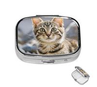 Pill Box 2 Compartment Metal Medicine Pill Organizer Brown Tabby Kitten Pill Case for Purse or Pocket Cute Mini Portable Pill Holder Travel Pill Container to Hold Supplements, Vitamins, Fish Oil